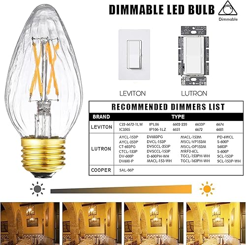 Miniatura 4 de Leools Bombilla LED E26 regulable de 6 W igual a 60 W, bombilla LED Edison vintage AC120V 3000K blanco suave F15 bombilla LED para ventilador de
