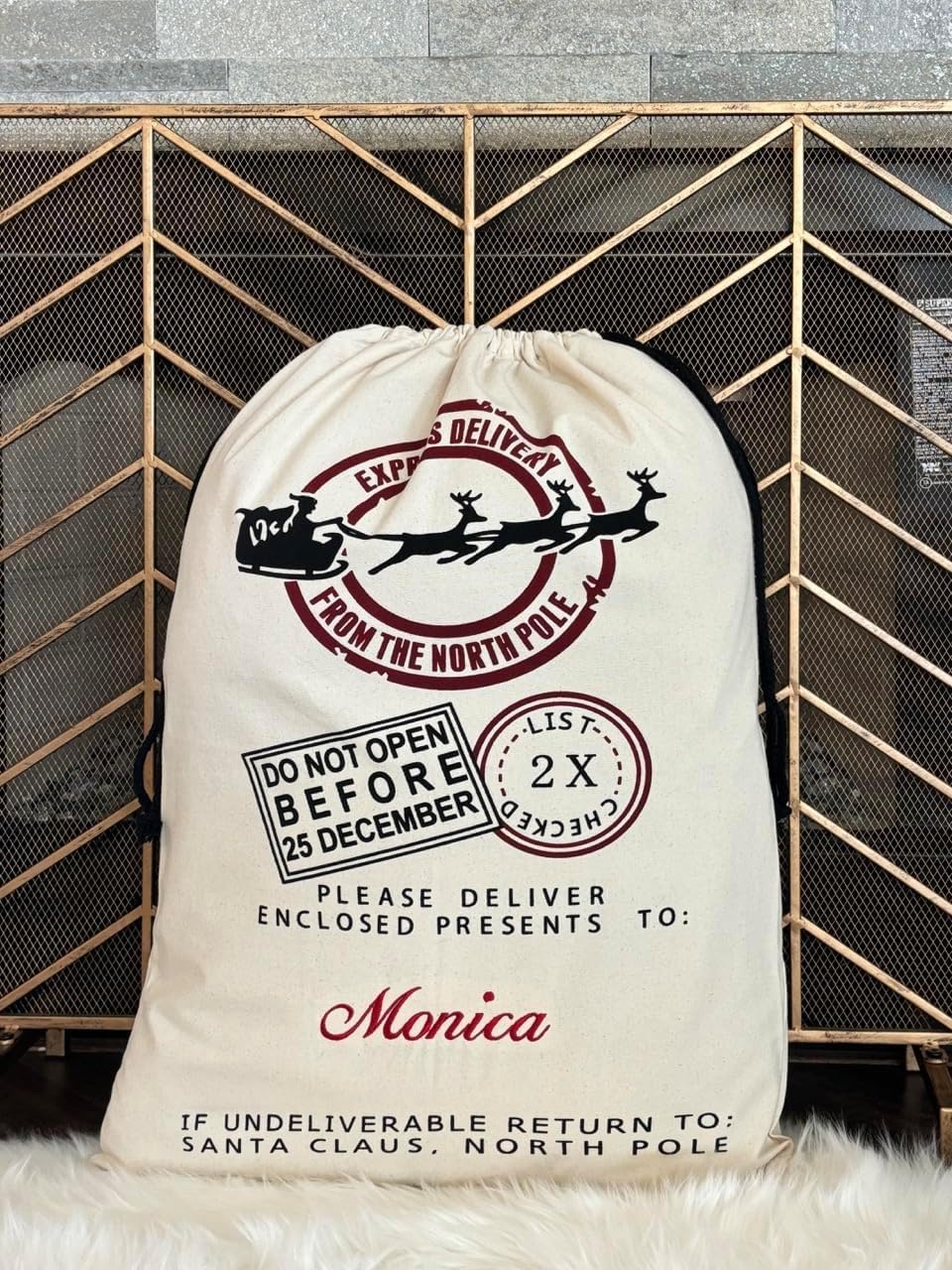 Merry Craft Works Personalized Large Christmas Santa Sack, Embroidered with Your Name, Custom Christmas Canvas Drawstring Gift Bags for Family, 3 Pack