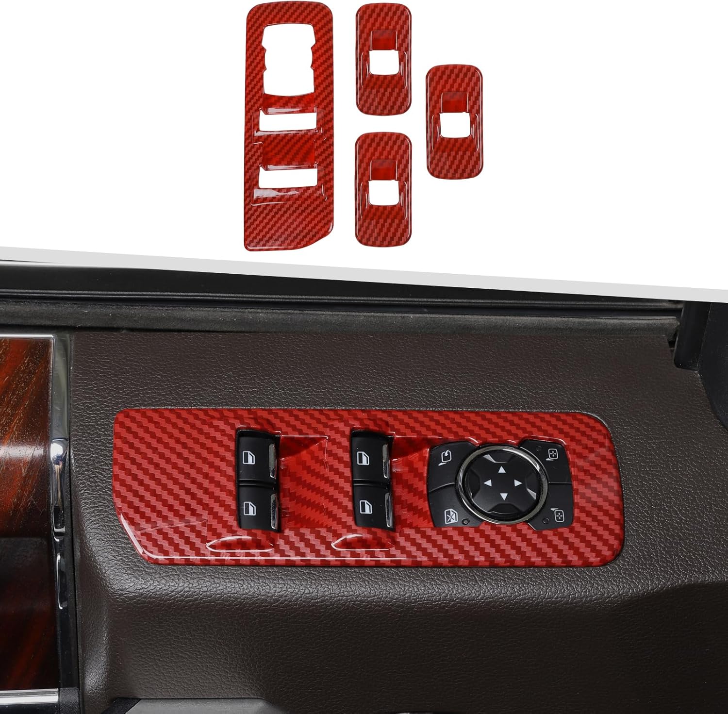 Jimen Fit for Ford F150 2015-2020, 4PCS Window Lift Switch Panel Cover Trim (Red Carbon Fiber)
