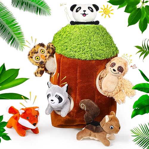 7 Pieces Hide and Seek Dog Toys Activity Puppy Chew Squeaky Toys Plush Stuffing Woodland Stuffing Treehouse with Squeakers for Small Medium Dogs Puppy Pets - Medium - Classic