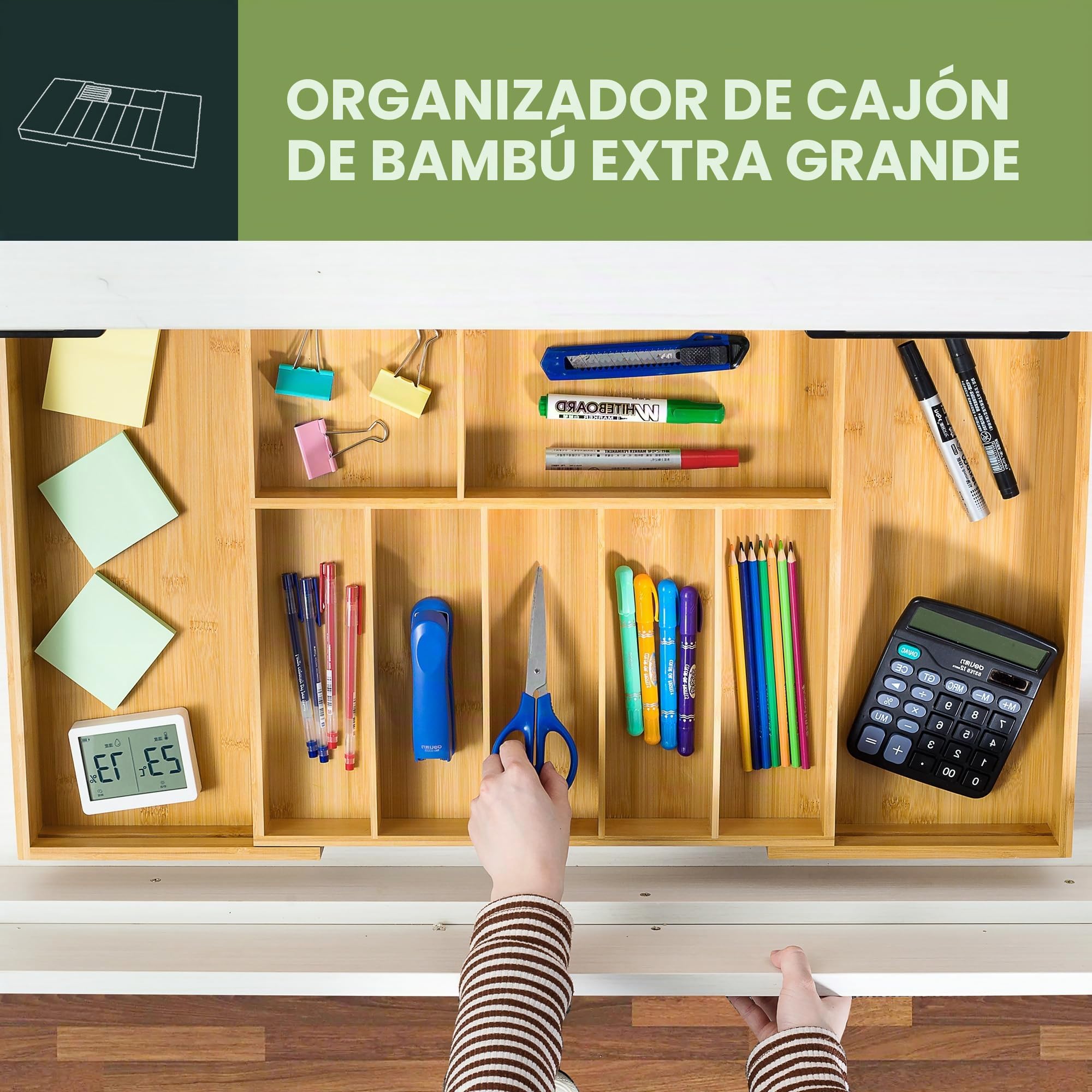 VaeFae Grande Cajón Organizador de Bambú para Cubiertos,Extensible Cubertero para Cajón de Cocina, Organizador Cubiertos 7 a 9 Compartimentos
