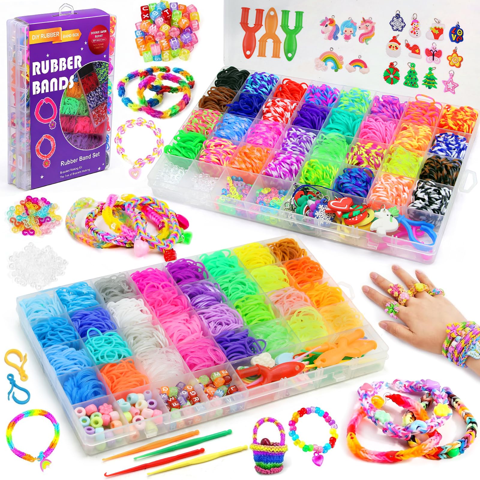 AOKITO 5000+ Loom Bänder Set für Kinder, 64 Farben DIY Gummibänder mit Perlen Haken Charms und Aufbewahrungsbox, Armbänder Selber Machen Zubehör, Geschenke für Mädchen Jungs