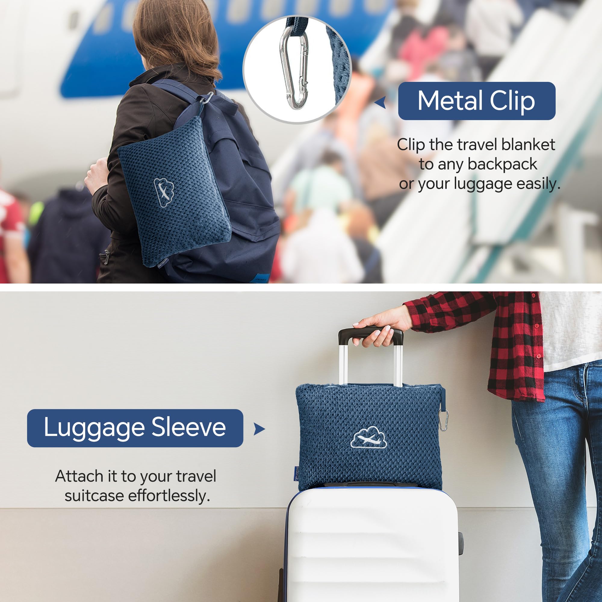 BEDELITE Travel Blanket with Bag, Jacquard Fleece Blanket 65"x40", Navy view 4