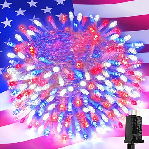 SANJICHA Decoraciones del 4 de julio, 100 luces LED de 33 pies para interiores y exteriores, luces rojas, azules y blancas, 8 modos de luces