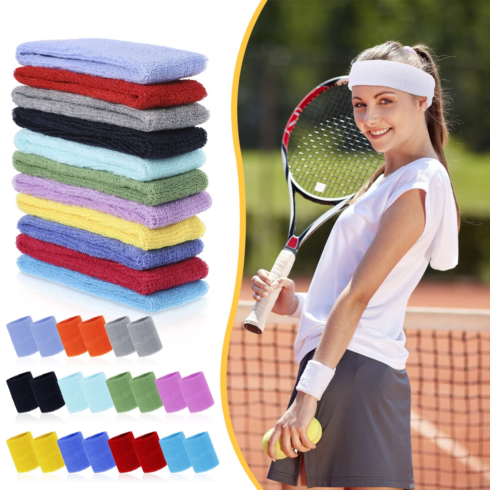 Set di 72 fasce per il sudore, tra cui 24 fasce sportive e 48 braccialetti in cotone, fascia per il sudore in cotone colorato, set per uomini e donne