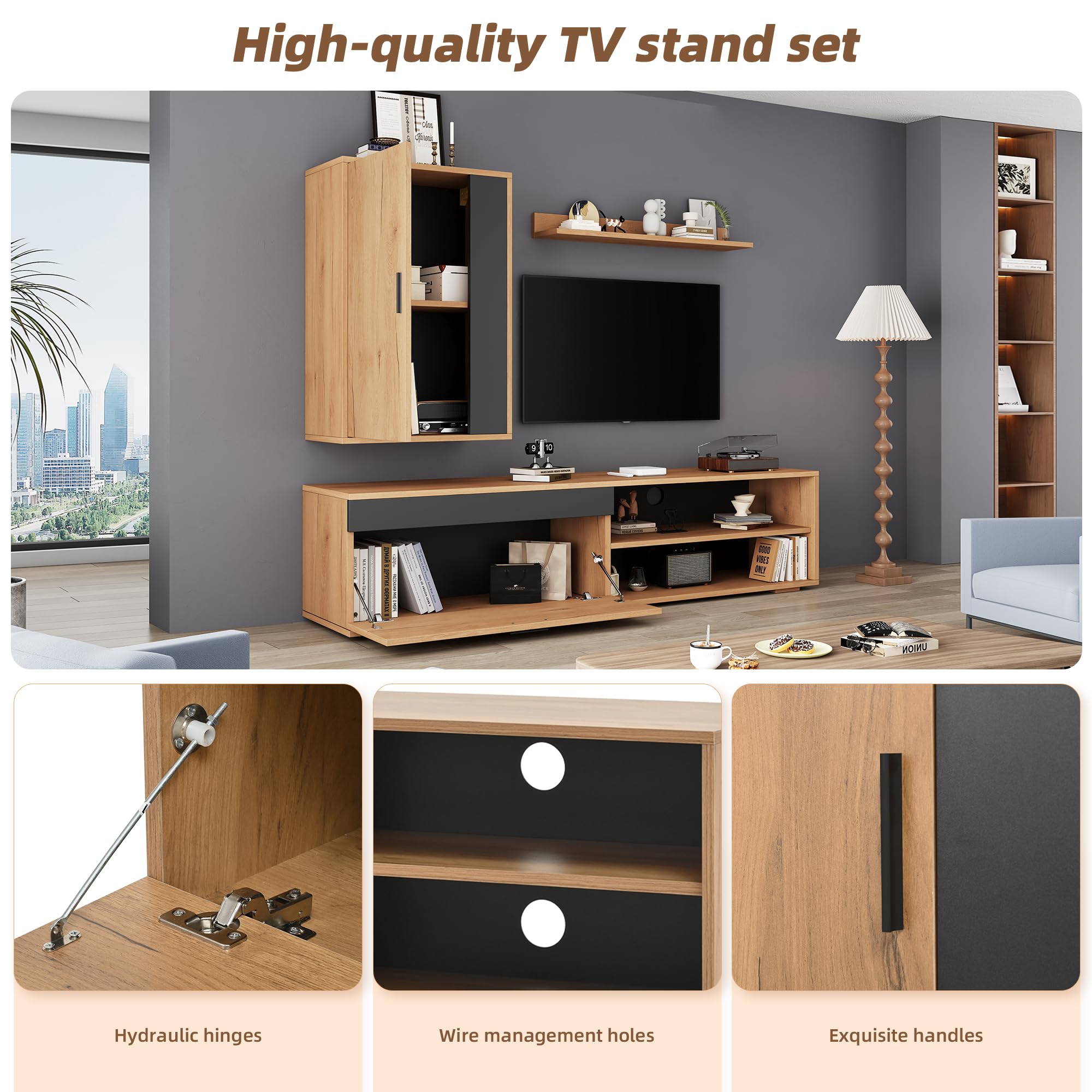Juego de pared para TV (juego completo, 3 unidades), 140 x 35 x 39 cm, pared multimedia incluye mueble TV, estantería de pie y estantería de pared, juego de muebles de salón, moderno mueble de