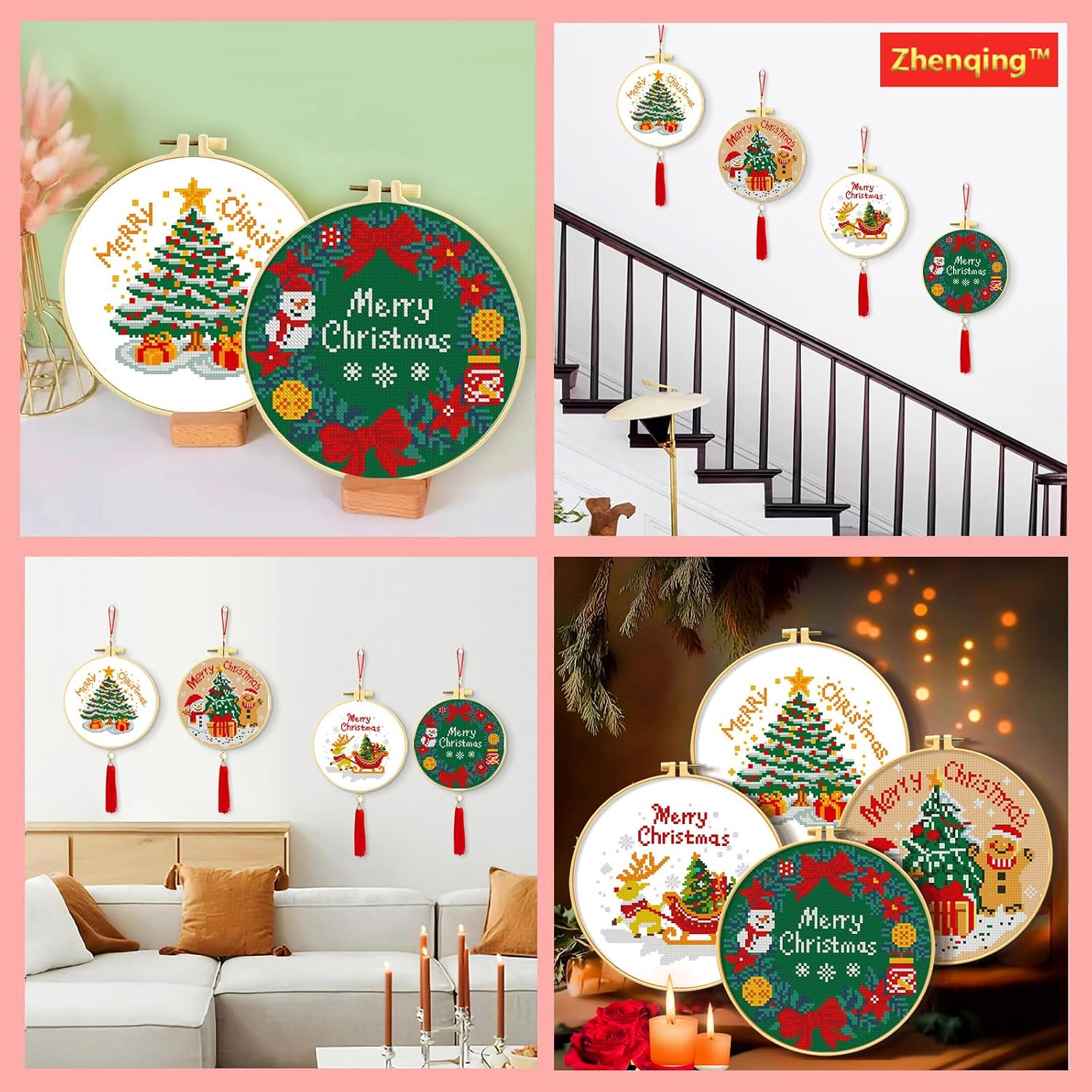 Zhenqing 4 Piece Stamped Cross Stitch Kits Christmas for Beginners,Hand Embroidery kit,Christmas Embroidery Patterns with Embroidery, Tassel, Scissors, Embroidery Tools(68352)
