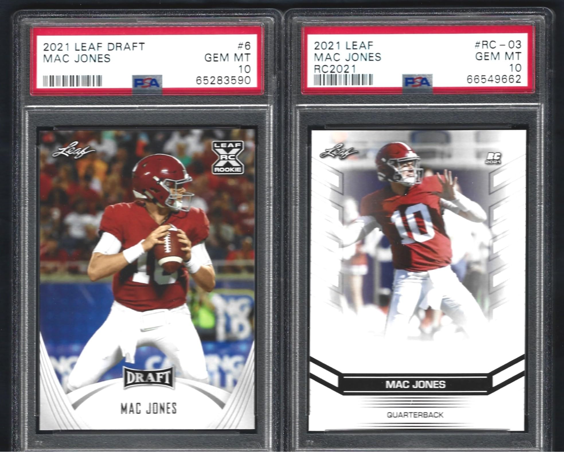 PSA 10 2021 MAC JONES 2 CARD ROOKIE LOT LEAF GRADED PSA GEM MINT 10 PATRIOTS YOUNG STAR QUARTEBACK