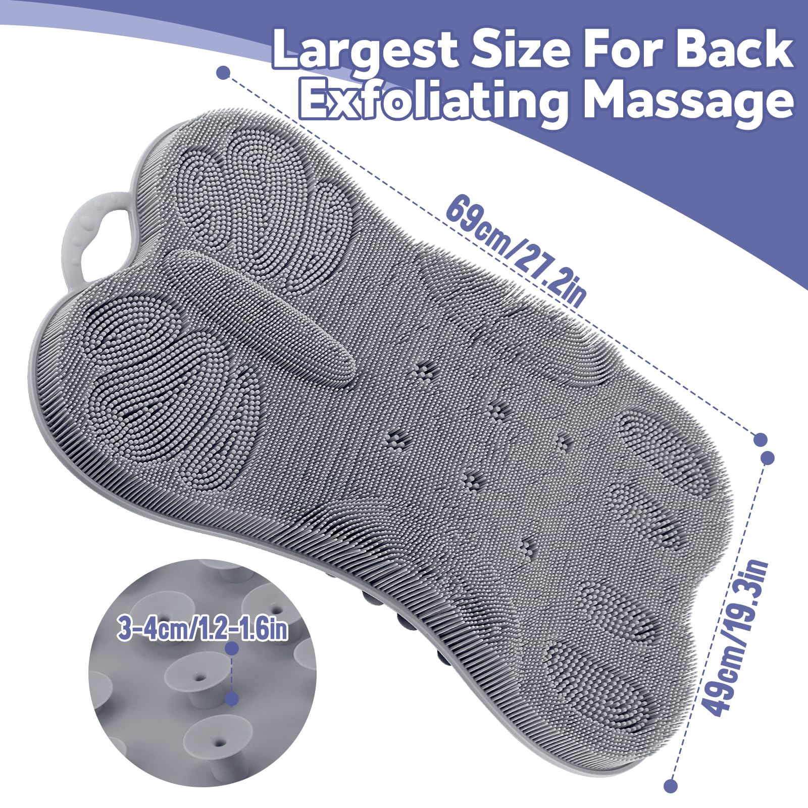 Kalolary Tappetino esfoliante per piedi e schiena in silicone | Grande scrub esfoliante per piedi per doccia con ventose antiscivolo per pulire e massaggiare i piedi senza piegarsi (grigio)