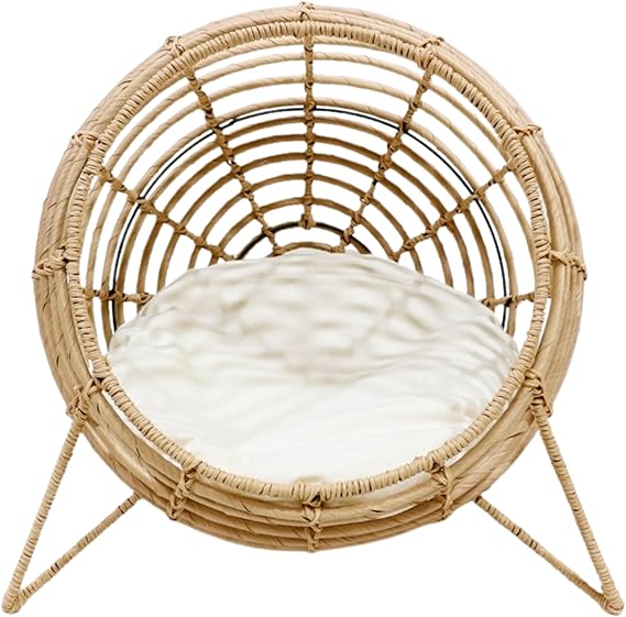 Handwoven Rattan Pet Lounge Chair with Plush Cushion - Luxury Indoor/Outdoor Nest for Cats and Small Dogs - Cozy Elevated Bed - Durable and Stylish Animal Lounger - Friendly Pet Furniture