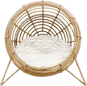 Handwoven Rattan Pet Lounge Chair with Plush Cushion - Luxury Indoor/Outdoor Nest for Cats and Small Dogs - Cozy Elevated Bed - Durable and Stylish Animal Lounger - Friendly Pet Furniture