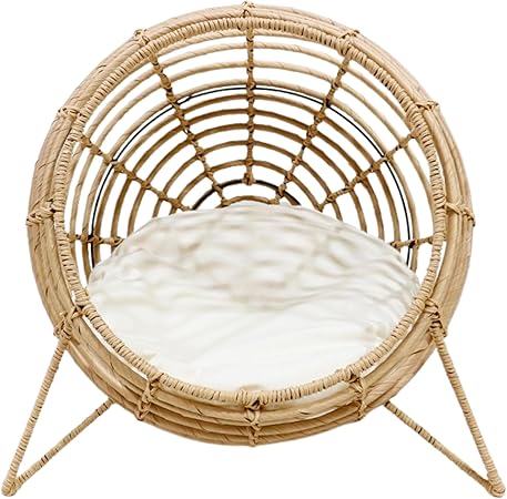 Handwoven Rattan Pet Lounge Chair with Plush Cushion - Luxury Indoor/Outdoor Nest for Cats and Small Dogs - Cozy Elevated Bed - Durable and Stylish Animal Lounger - Friendly Pet Furniture