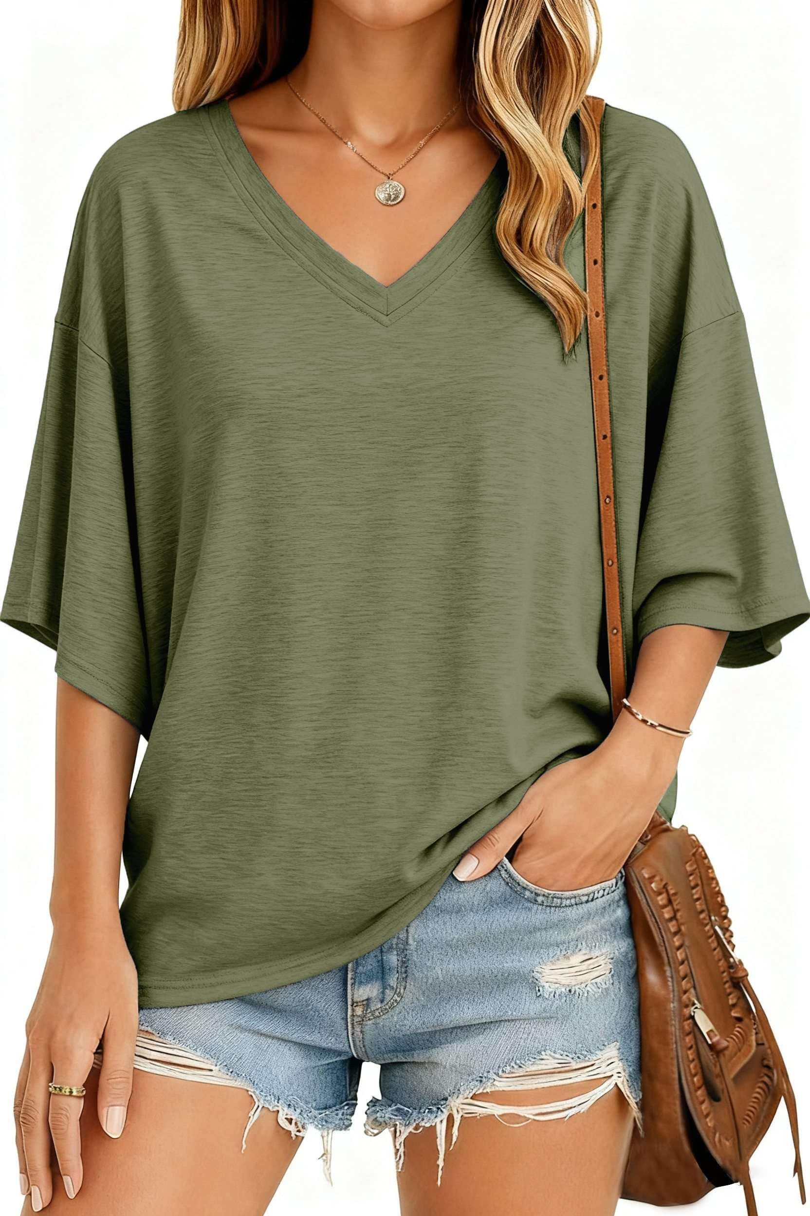 NAIOSS Damen T-Shirt Oversize Kurzarm Oberteil V-Ausschnitt Tunika Sommer Tops