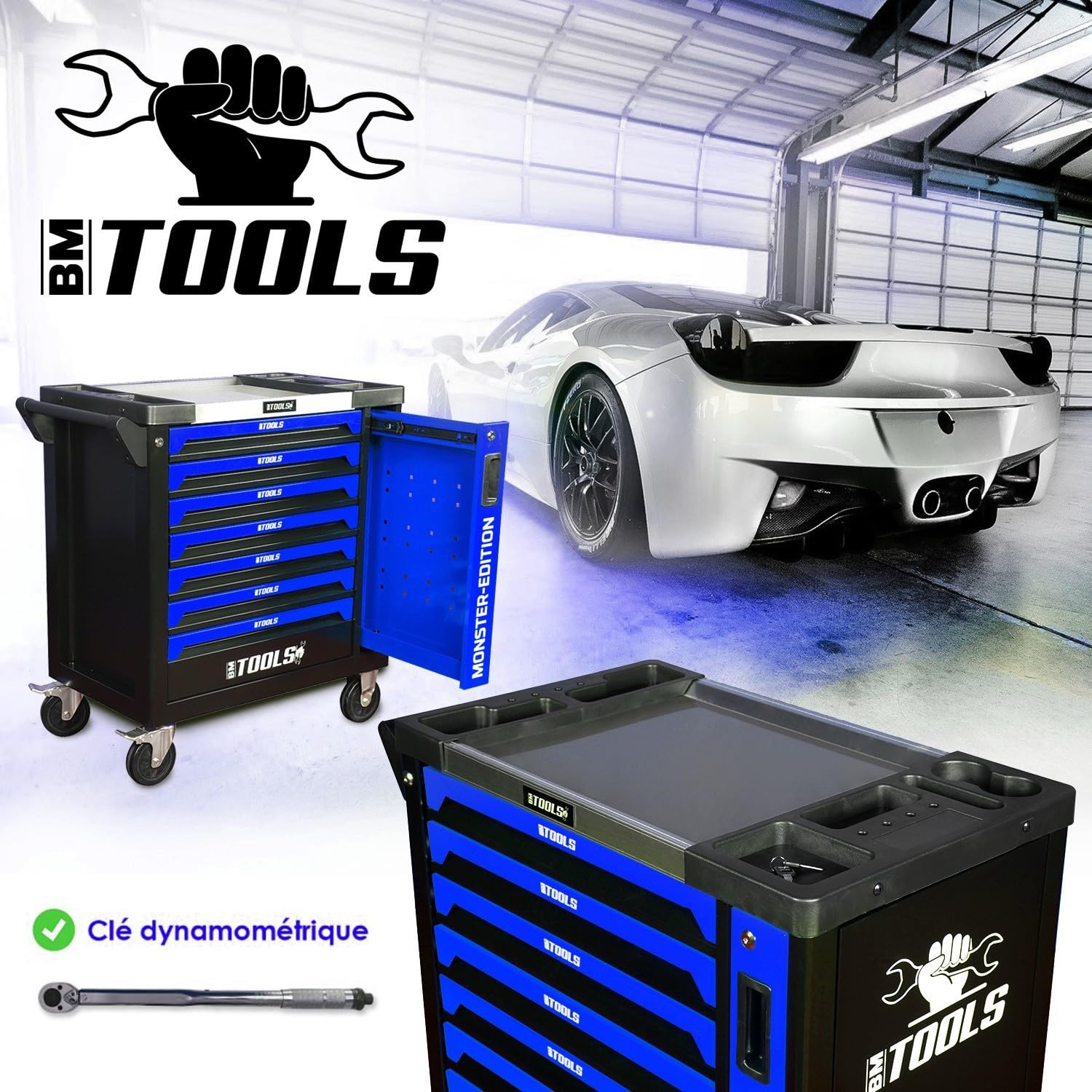 BM TOOLS Servante d'atelier 9/7 Monster-Edition-Blue 7 tiroirs Pleins, 1 Porte & 1 tiroir Vertical - 257 Outils - sur roulettes