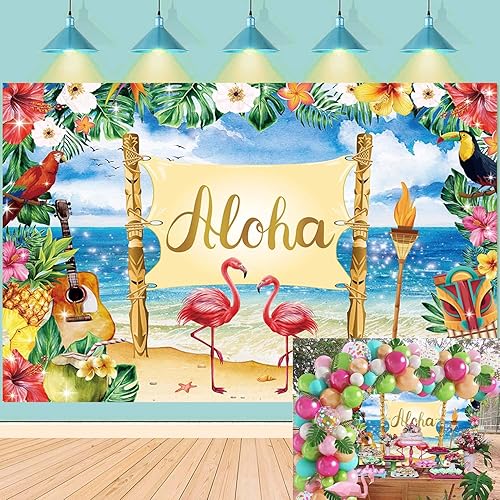 Telón de fondo Aloha de verano de 7 x 5 pies, fondo hawaiano de flamenco Luau para fotografía, flores tropicales, decoración de fiesta musical,