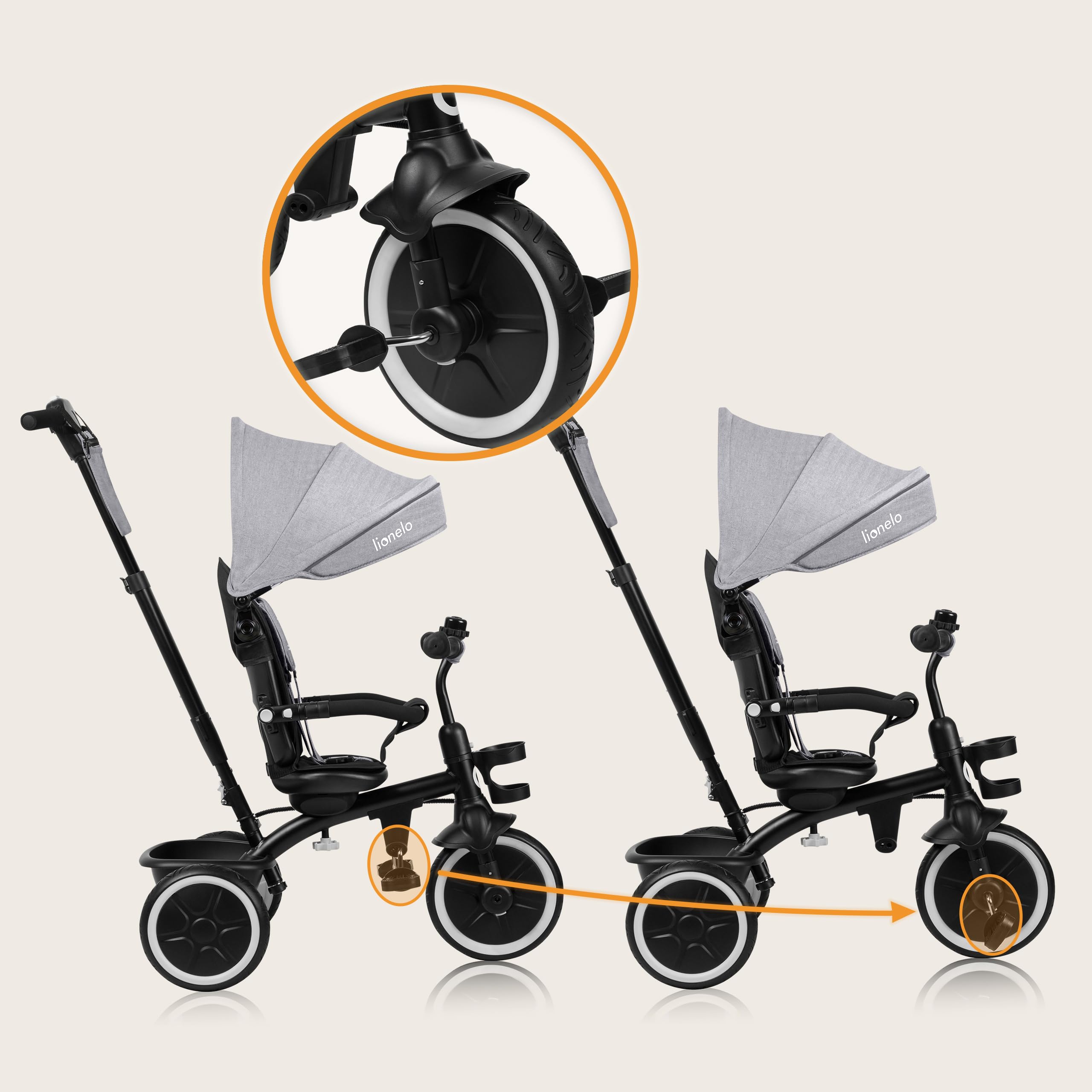 LIONELO Berry Multifunktionales Dreirad und Kinderwagen von 9 Monaten bis 5 Jahren bis zu 25 kg Große PU-Räder, Dreirad-Drehsitz 360° Montage ohne Werkzeug