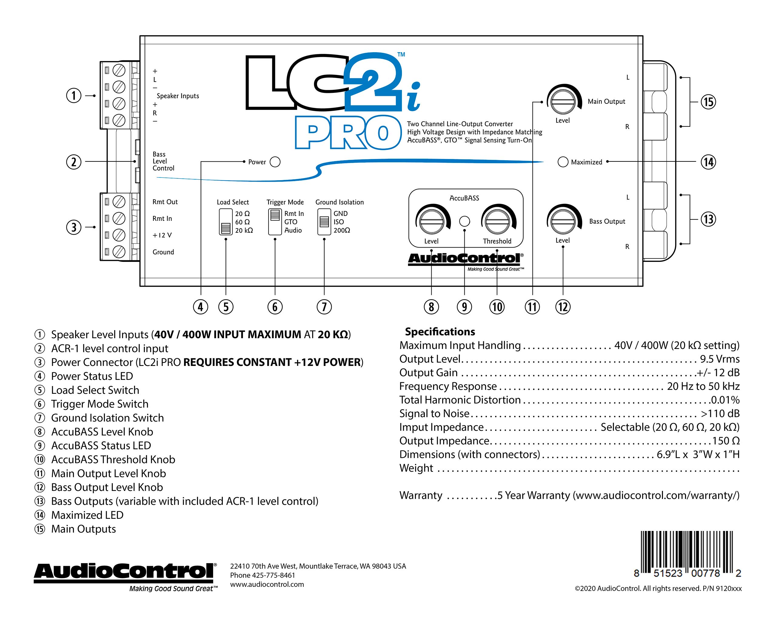 AudioControl LC2i PRO 2Channel Line Output Converter with Impedance