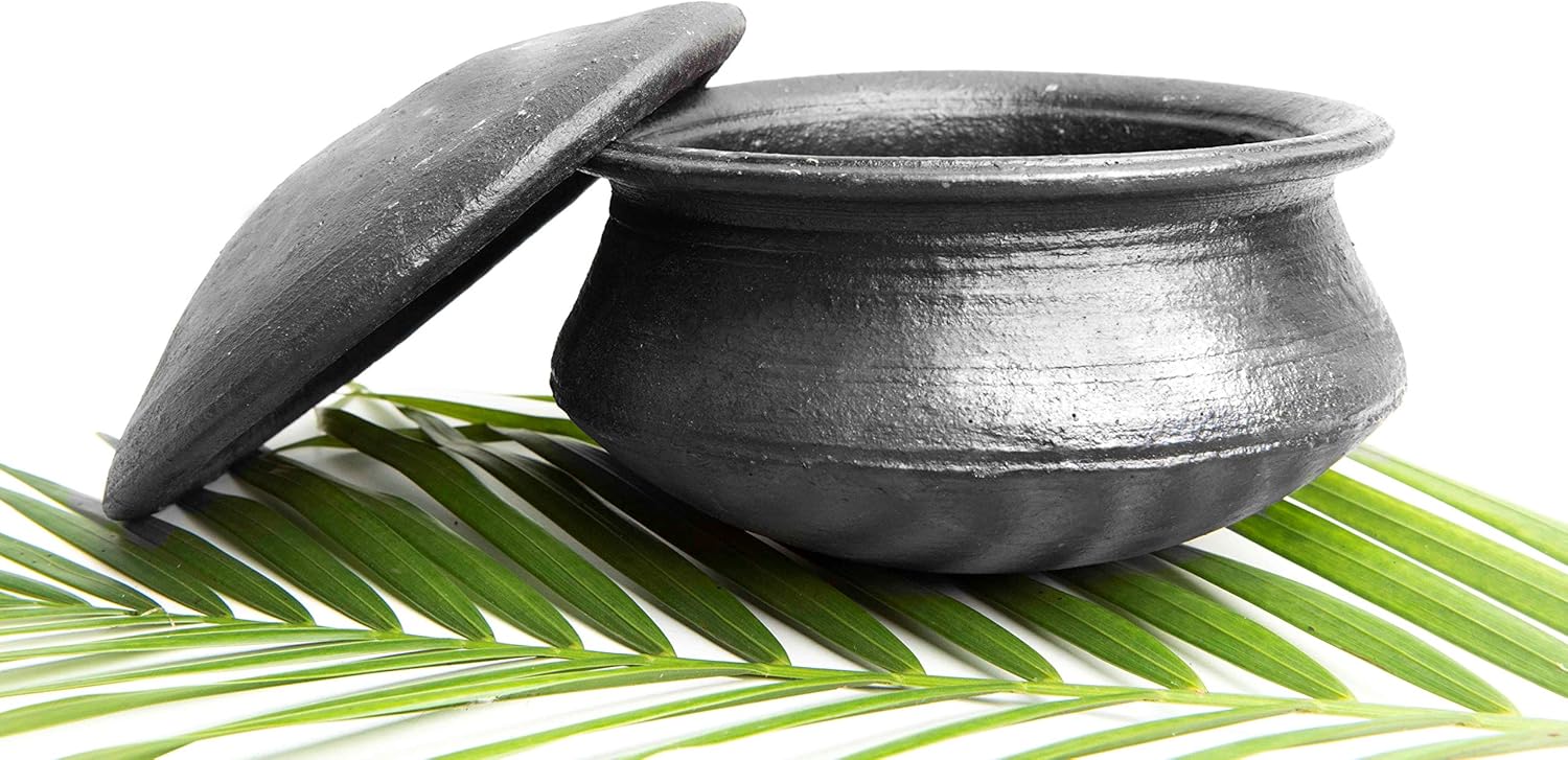 Tribal Culture Earthen Clay / Kadhai Pots For Cooking , Pre- Seasoned Handmade Biryani Pots / Black (1 Ltr,Small)