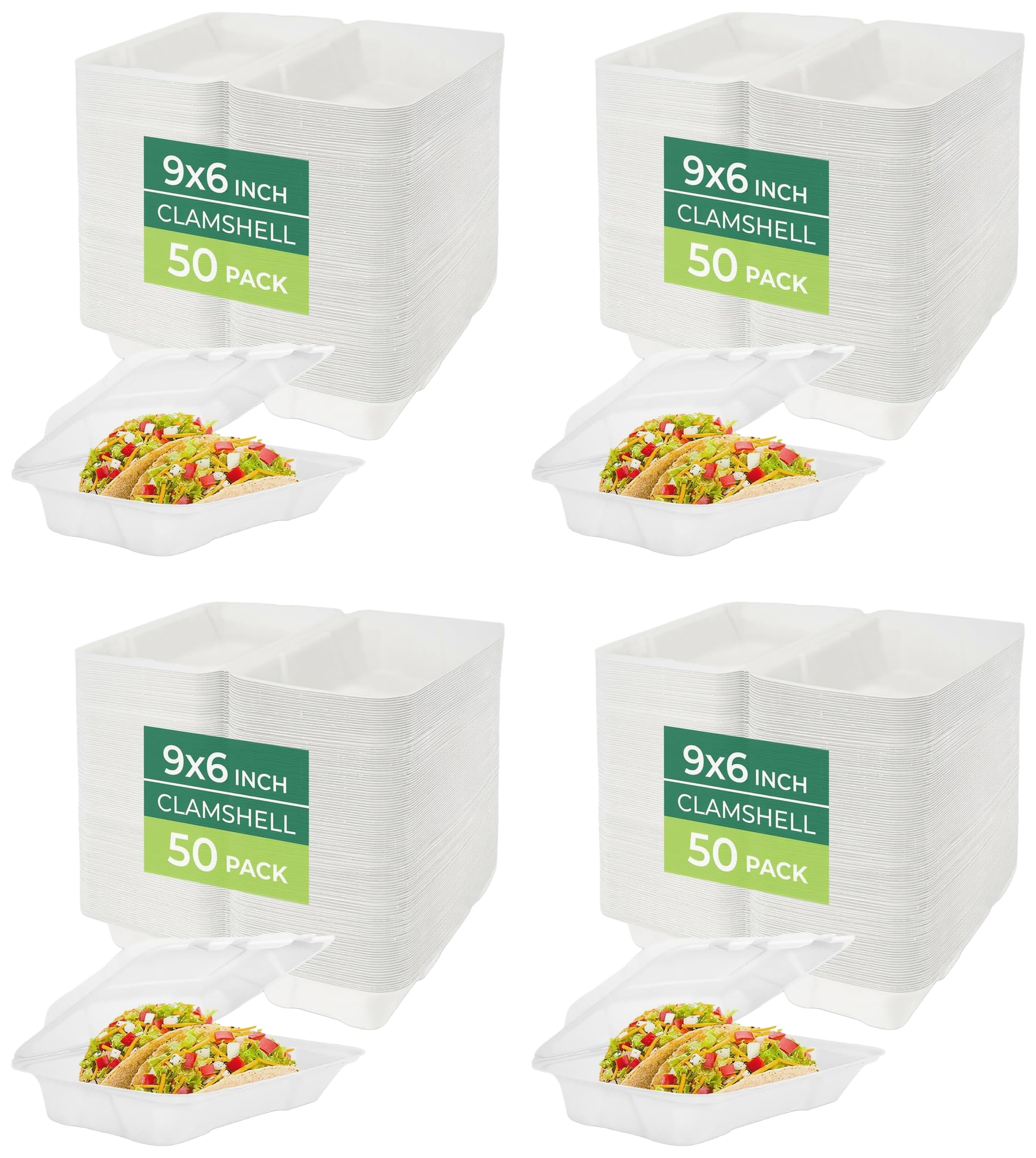 Freshware Clamshell Food Containers with Lids [9x6 200-Pack] Disposable To Go Containers, Biodegradable Sugarcane To Go Boxes - Paper Container - Microwave &amp; Freezer Safe, Stackable