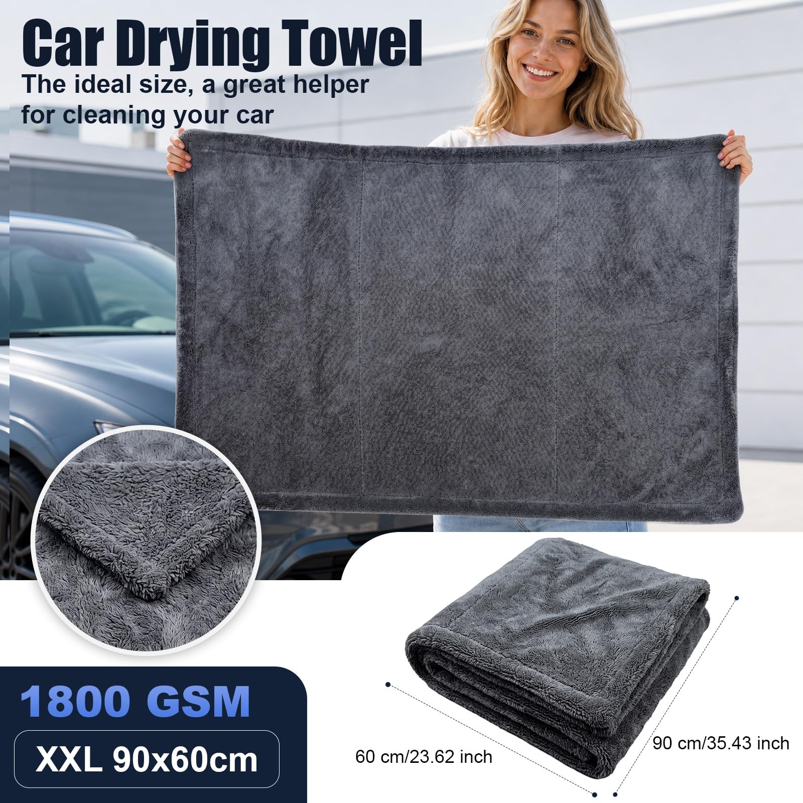 Panno Asciutto per Auto, XXL, 90 x 60 cm, 1800 GSM, Doppio Strato, Estremamente Assorbente, senza Striature e senza Grattacieli, Riutilizzabile per Auto, Moto e Casa, Grigio