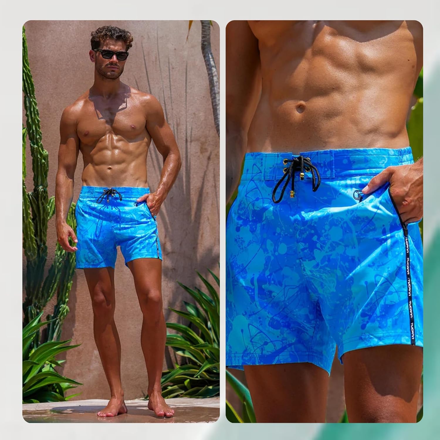 Tucann Men's Trunks 5" Compression Liner Quick Dry Zipper Pocket Chlorine Resistan 4 Way Stretch Printed Swim Shorts