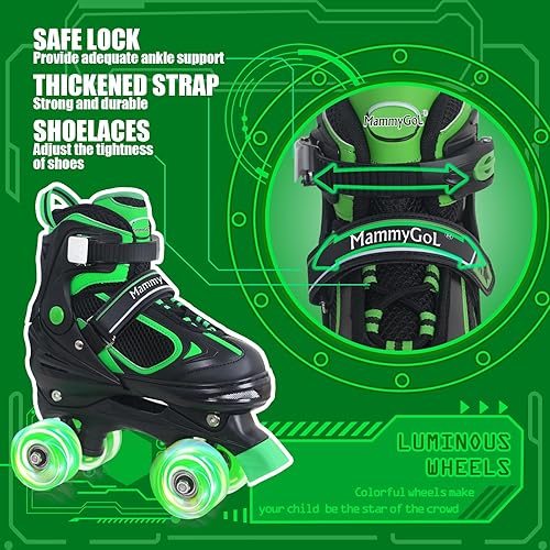 Miniatura 10 de MammyGol Patines de ruedas para niños y niñas, 4 tamaños ajustables para niños con todas las ruedas iluminadas, protección completa para deportes de
