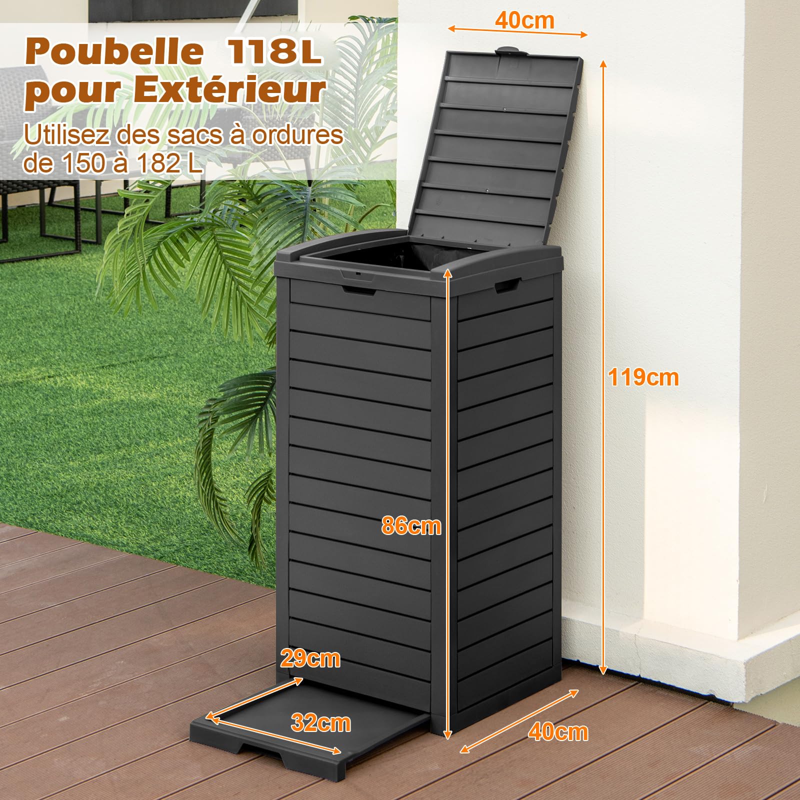 COSTWAY Poubelle Exterieur 118L en Résine, Poubelle de Jardin avec Couvercle et Plateau Extractible, Conteneur Poubelle Double Fermeture Étanche pour Porche, Arrière-Cour, Terrasse, Patio (Noir)