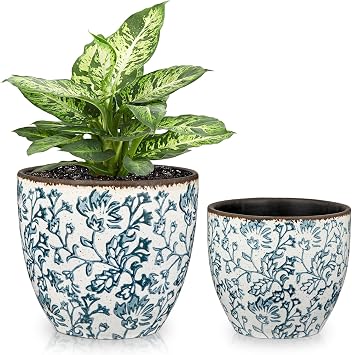 Vintage Flower Pot Blue and White Plant Pot Large Ceramic Planters for Indoor Plants Pots with Drainage Shabby Chic Planter Pots for Succulents Cactus Herb Snake Plants Outdoor Garden, 7.6/5.5 Inch