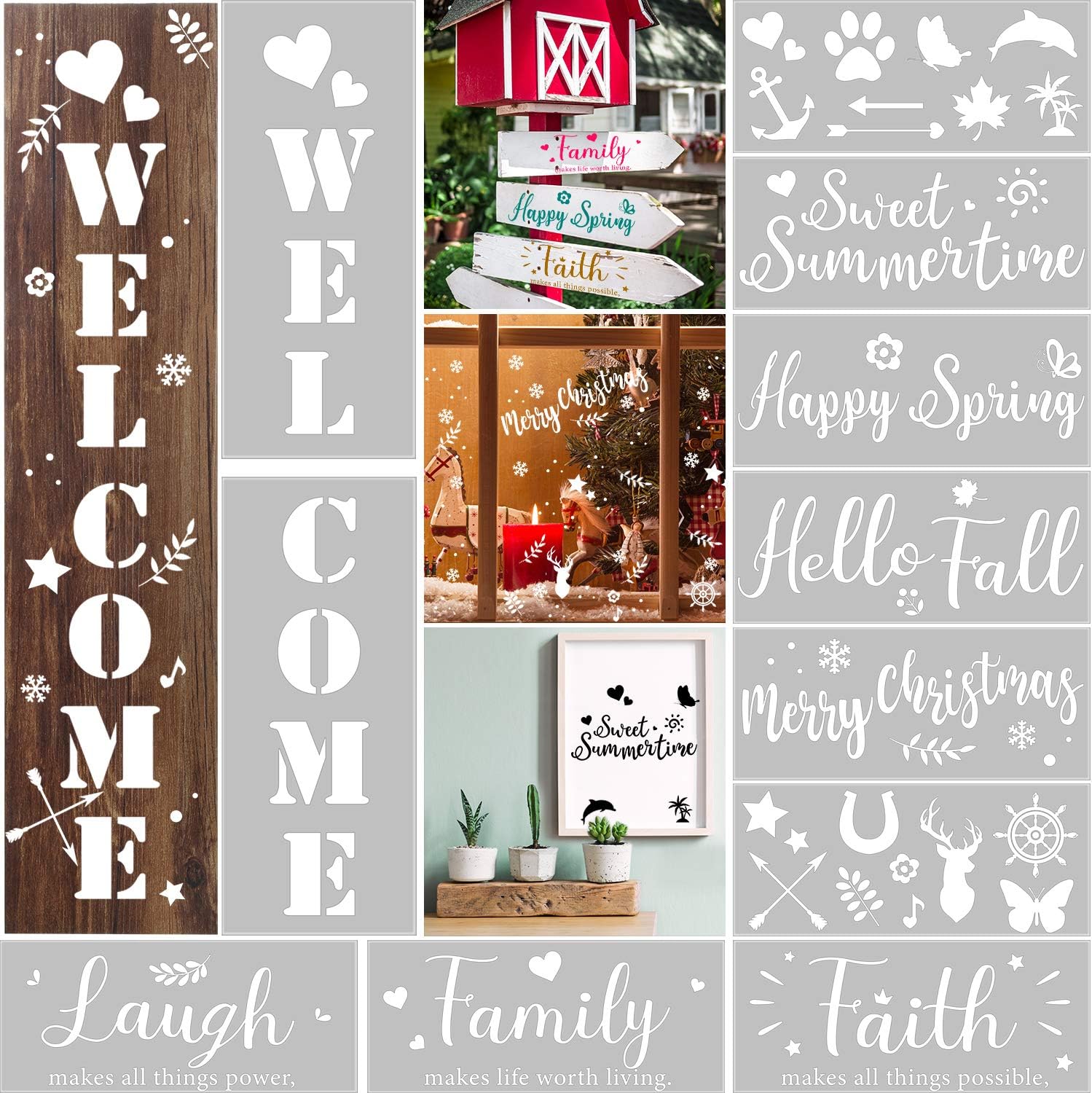 Letter Welcome Stencils Home Sweet Home Stencils Painting on Wood Canvas Reusable Large Alphabet for Home and Front Door Porch Outside Decoration Fabric Chalkboard Plastic