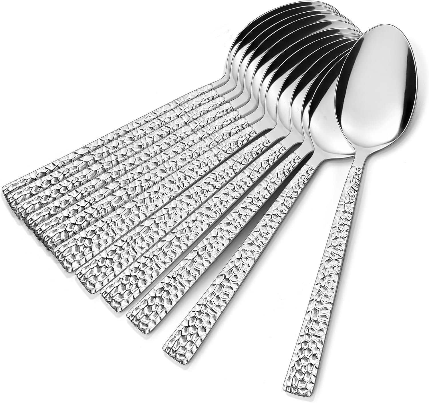 E-far Teaspoon Set of 12, E-far 6.7 Inch Hammered Stainless Steel Spoons for Kitchen or Restaurant, Non-toxic & Mirror Polished, Squared Edge & Dishwasher Safe