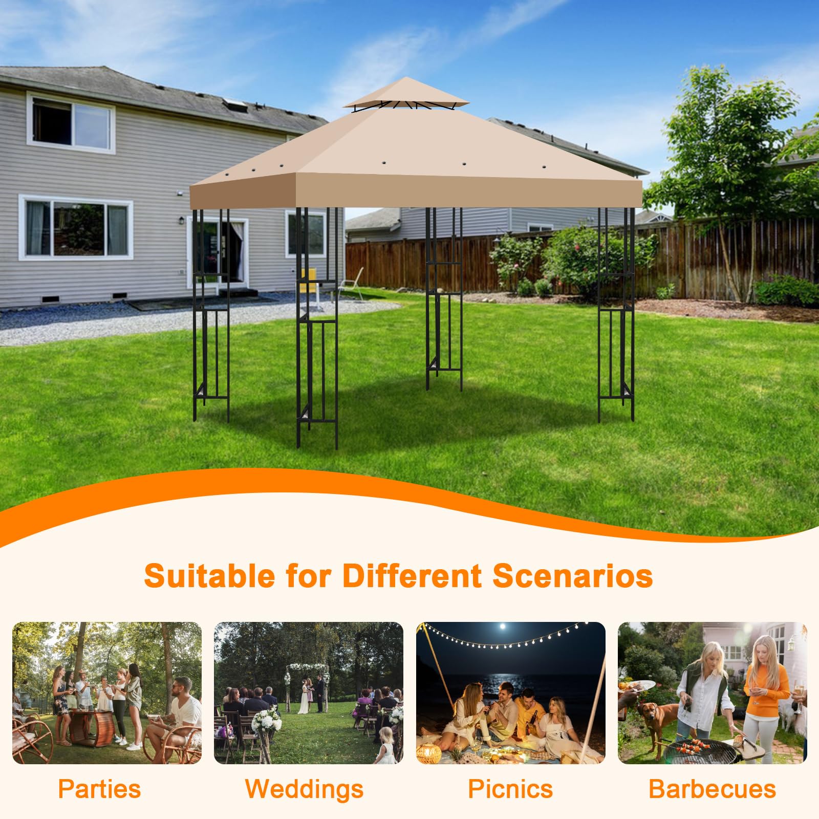 Telo Gazebo 3x3 m Impermeabile Anti-UV, 2 Livelli Tetto di Ricambio per Gazebo, Tenda da Sole Gazebo Rimovibile, 300D Poliestere Telo Ricambio Gazebo per Giardino, Patio, Esterni (Cachi)