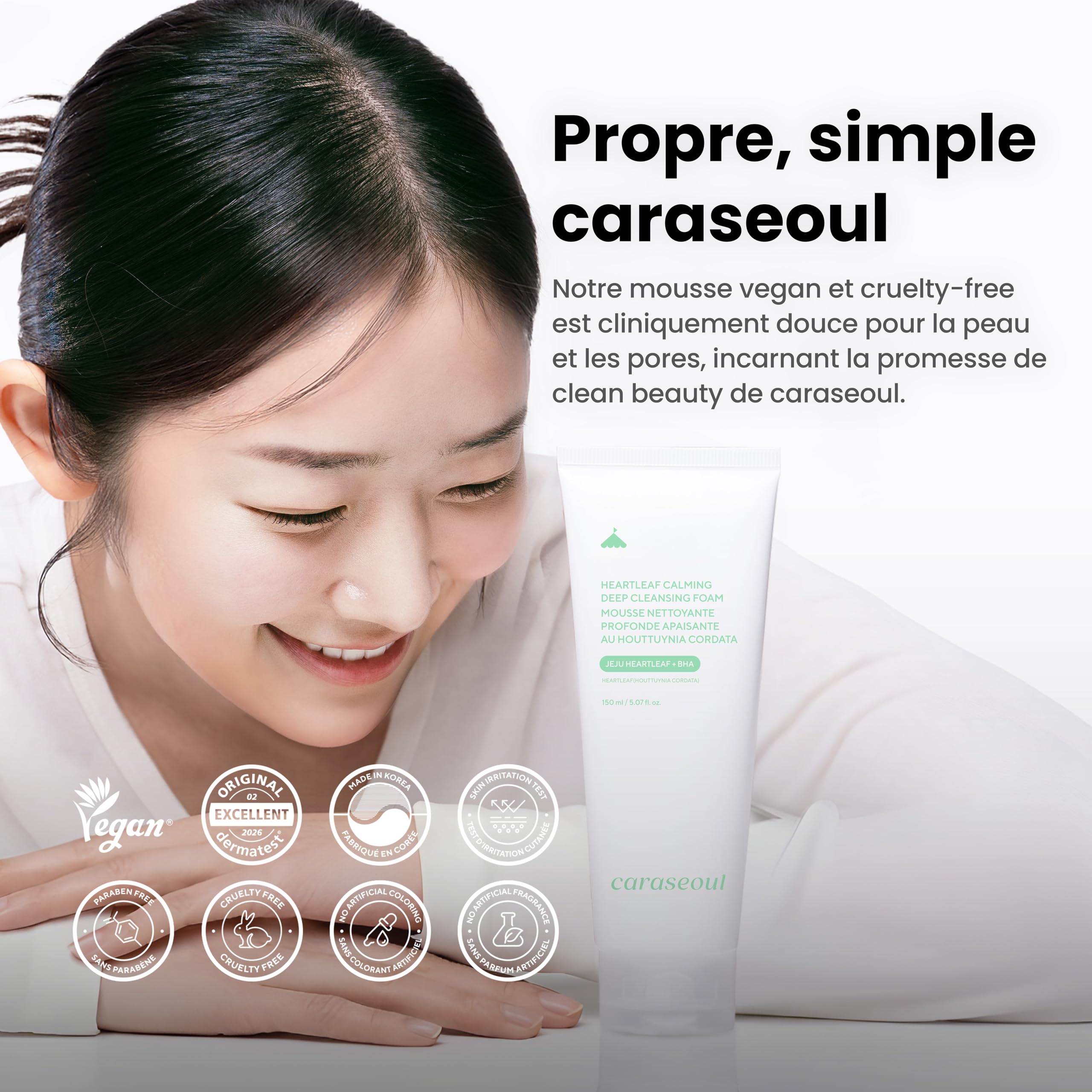 caraseoul Heartleaf Mousse Nettoyante Apaisante Profonde, Nettoyant Visage pour Double Nettoyage, Acide Hyaluronique & BHA, Doux pour Peau Sensible, Soin Coréen (150ml/5.07 fl. oz)