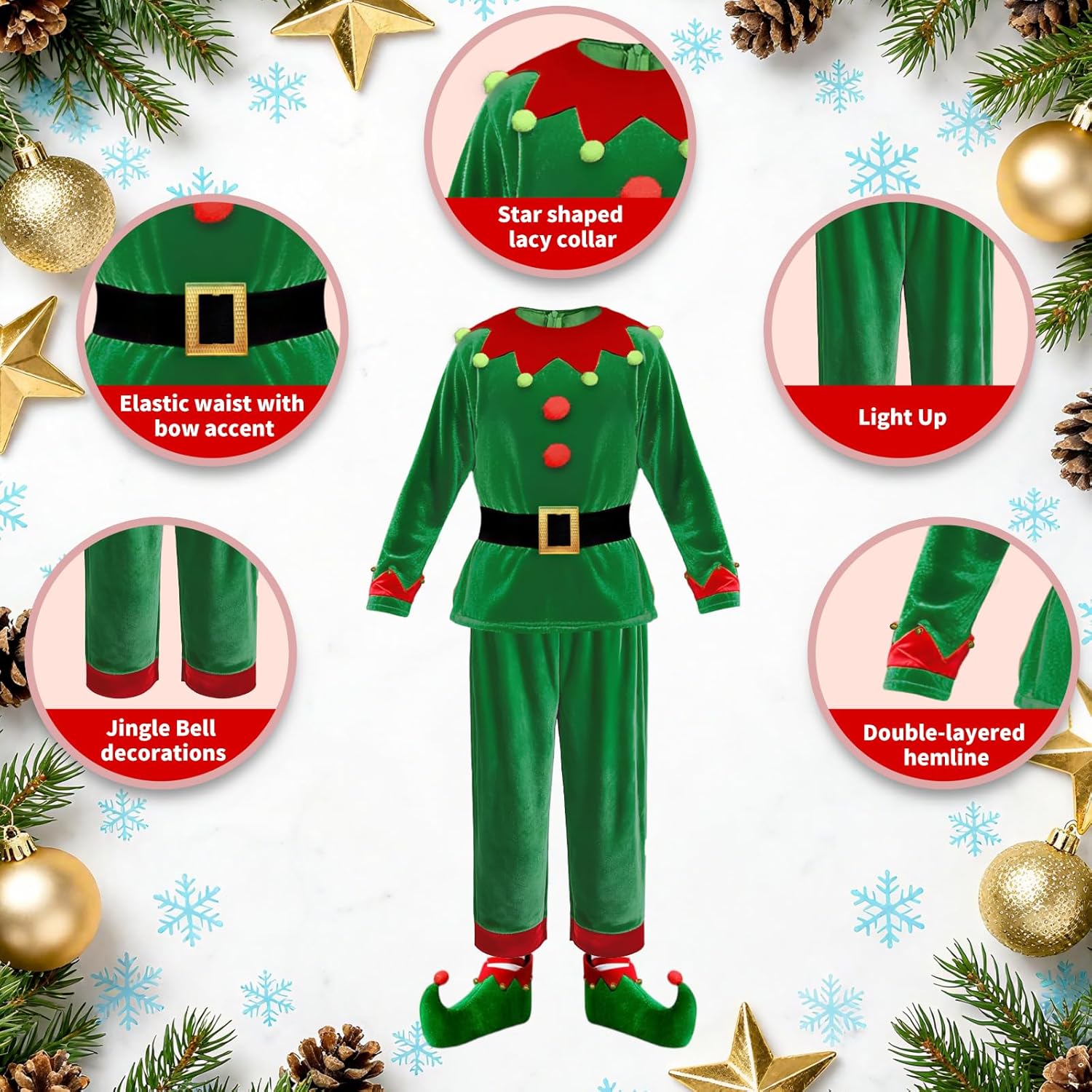 Christmas Set Boys Elf Costume Santa's Helper Xmas Festive Cosplay Holiday Outfit with Belt Socks Hat. - Image 5