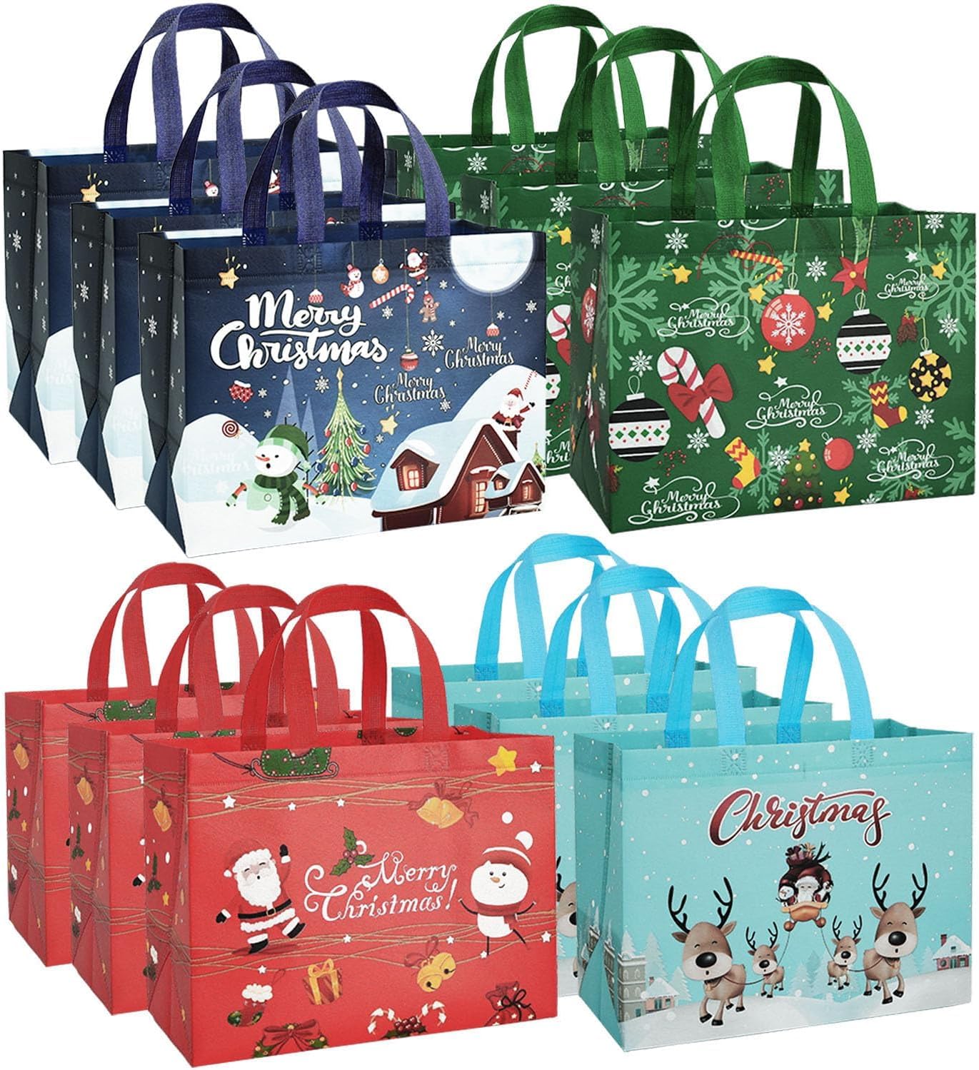 Christmas Gift Bags, 12 Pack Tote Bags with Handles, Christmas Bags Bulk for Gifts, Large Non-Woven Reusable Gift Bags for Xmas, 12.2" x 9.8" x 6.7"