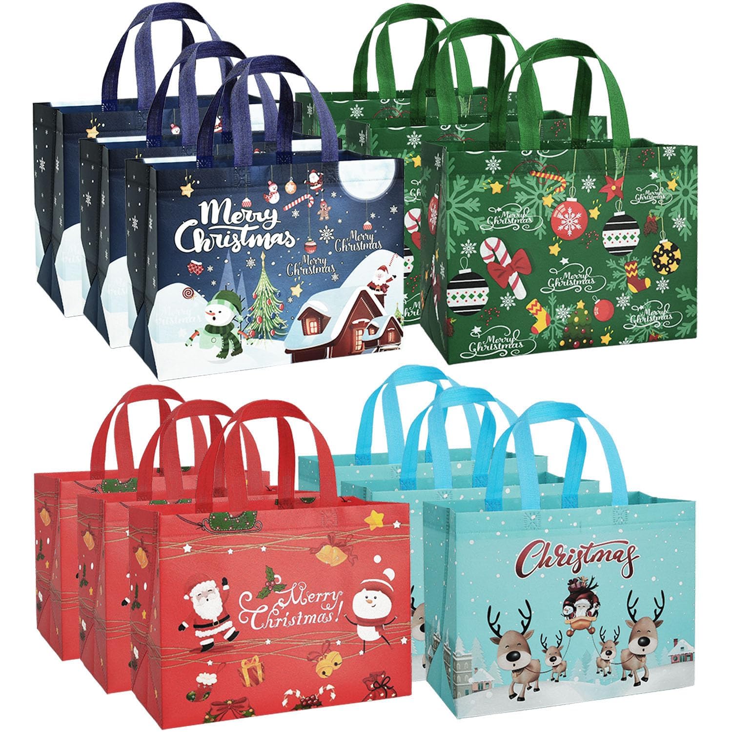Christmas Gift Bags, 12 Pack Tote Bags with Handles, Christmas Bags Bulk for Gifts, Large Non-Woven Reusable Gift Bags for Xmas, 12.2" x 9.8" x 6.7"