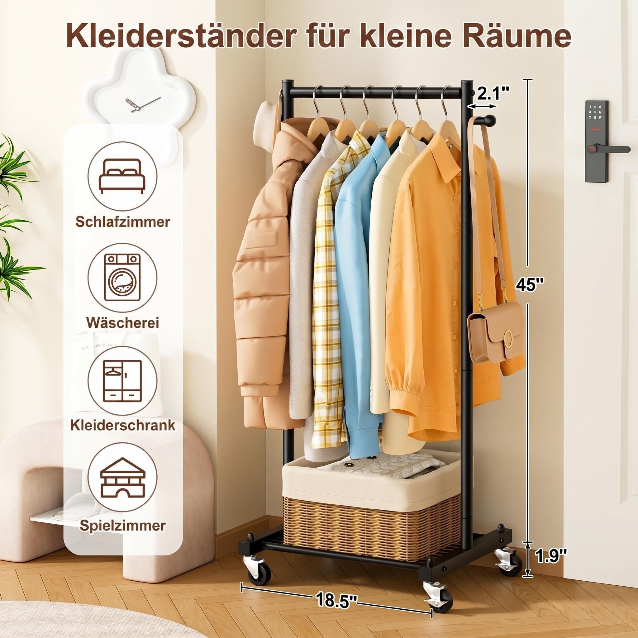 MISSLO Perchero Pequeño sobre Ruedas, Percha de Ropa de 114 cm de Ancho con Estantes, Perchero de Metal Estable para Espacios Pequeños, Armario, Guardarropa, para Adultos y Niños, Negro