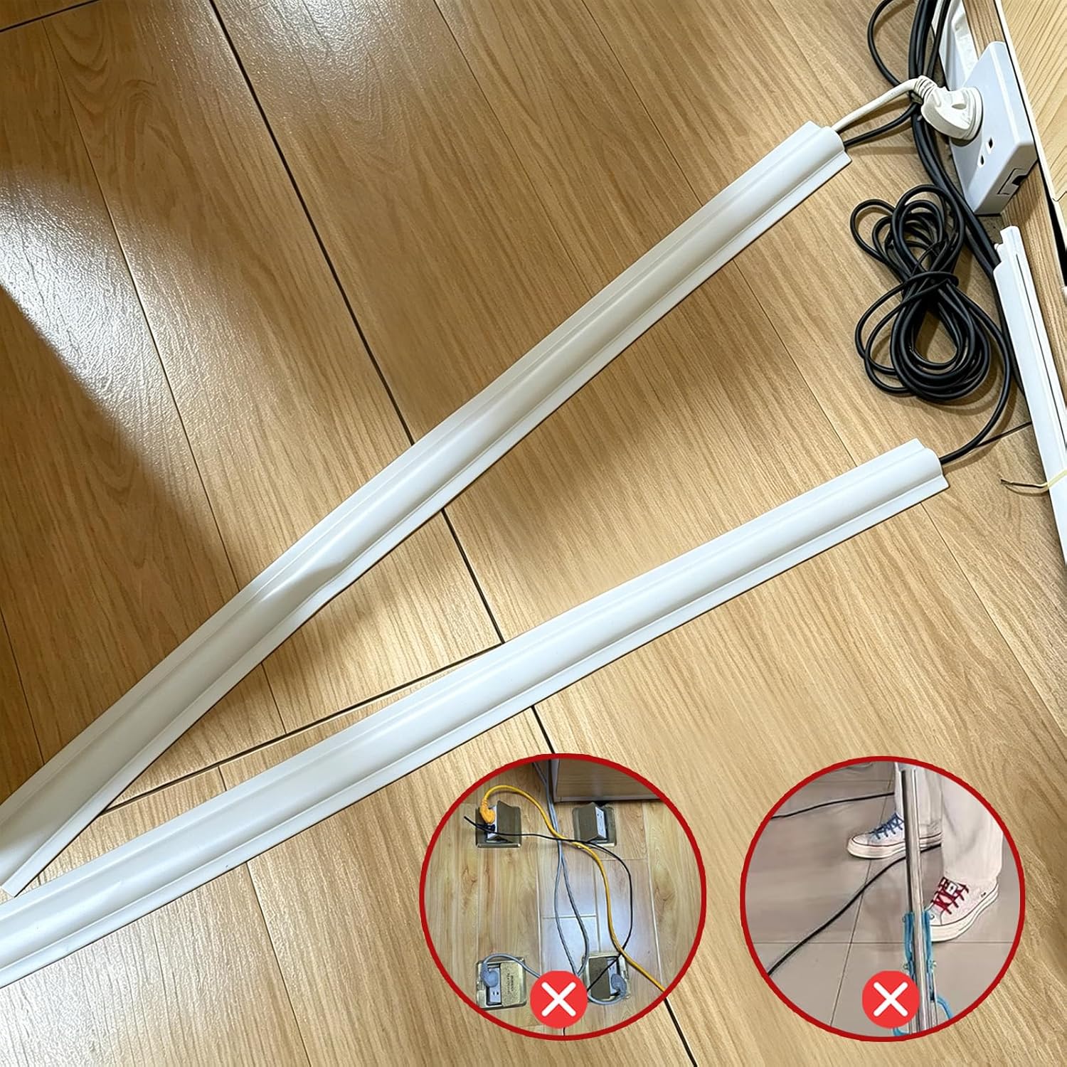 Floor Cord Hider Self Adhesive Prevent Cable Trips, Cord Cover Extension Cable Management Strip Protector Concealer Channel for Wires Wall Homes Offices(White,3M)