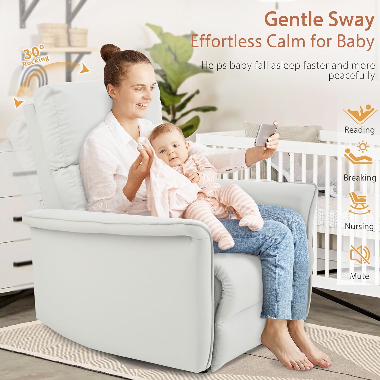 Manual Rocker Recliner Chair with Glider Motion for Nursery, 150° Recline & Wide Armrests - Overstuffed Leather Nursery Chair for Small Spaces, Living Room, Bedroom