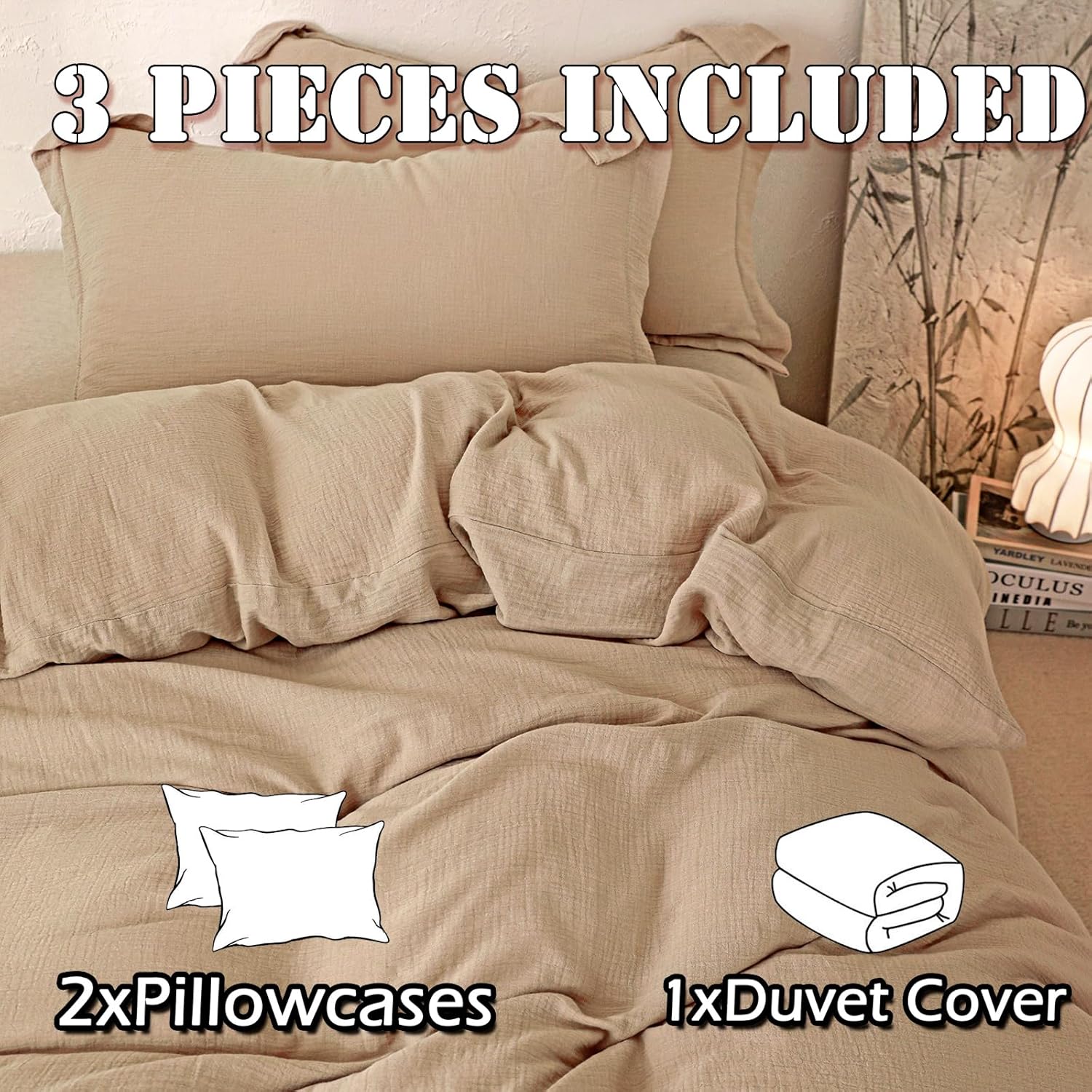 MorroMorn Muslin Duvet Cover California King Size, 100% Cotton Comforter Cover Set, Ultra Soft 3 Pieces 2-Layer Gauze Duvet Cover with 2 Pillowcases, Breathable Linen Like, 98"x104", Linen Beige - Image 4