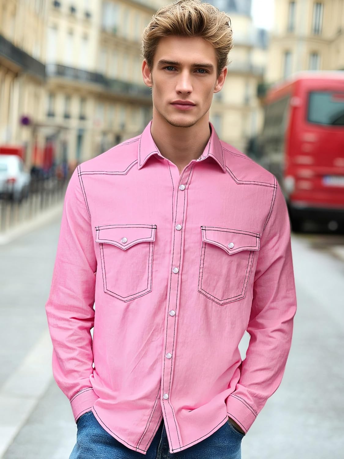 JOGAL Mens Western Cowboy Shirts Long Sleeve Denim Pearl Snap Shirts Regular Fit Work Shirts - Image 3