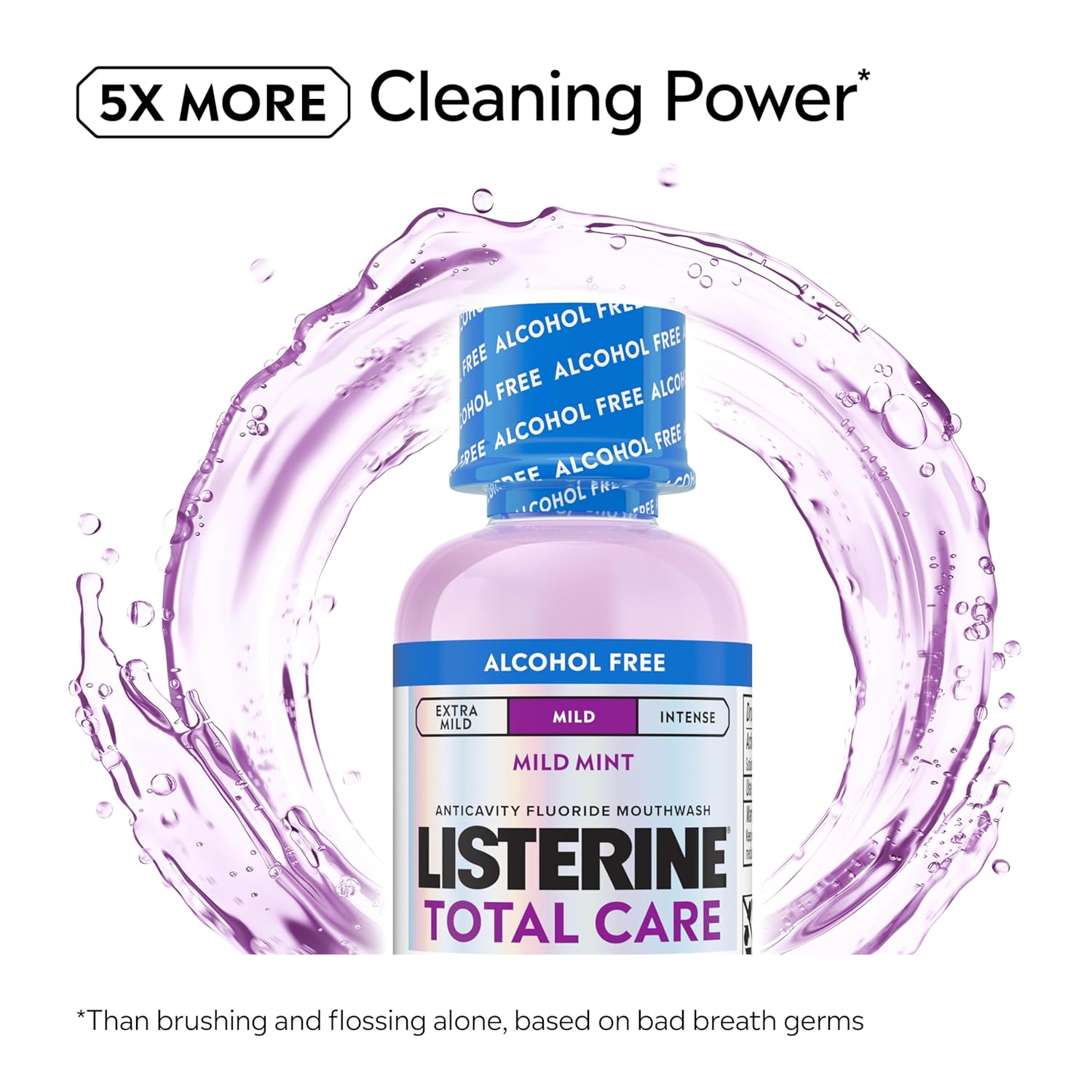 Listerine Total Care Alcohol-Free Mild Mouthwash, 6 Benefit Oral Rinse to Help Kill 99.9% of Germs That Cause Bad Breath, Strengthen Enamel, Mild Mint Flavor, 95 mL