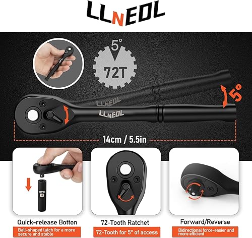 Miniatura 5 de Juego de llaves de vaso de 14 de pulgada y juego de destornilladores de tuerca, 44 unidades, enchufes métricos profundos y poco profundos