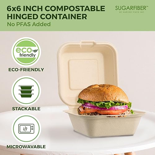 Miniatura 4 de 500 unidades Fibra de azúcar por Harvest Pack PFAS FREE 6 x 6 pulgadas compostable Clamshell Recipientes de alimentos, contenedor con bisagras