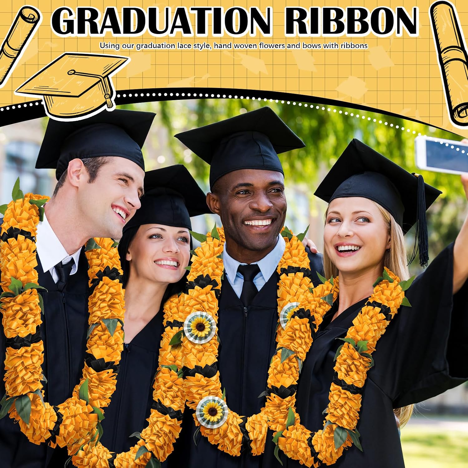 Knitgrip Graduation Leis Class of 2026 Grad Ribbon Leis Hawaiian Flower Garland with Kukui Nut Double Braided Hawaiian Kukui Nut Beads Necklace for Man Woman Graduation Party Supplies