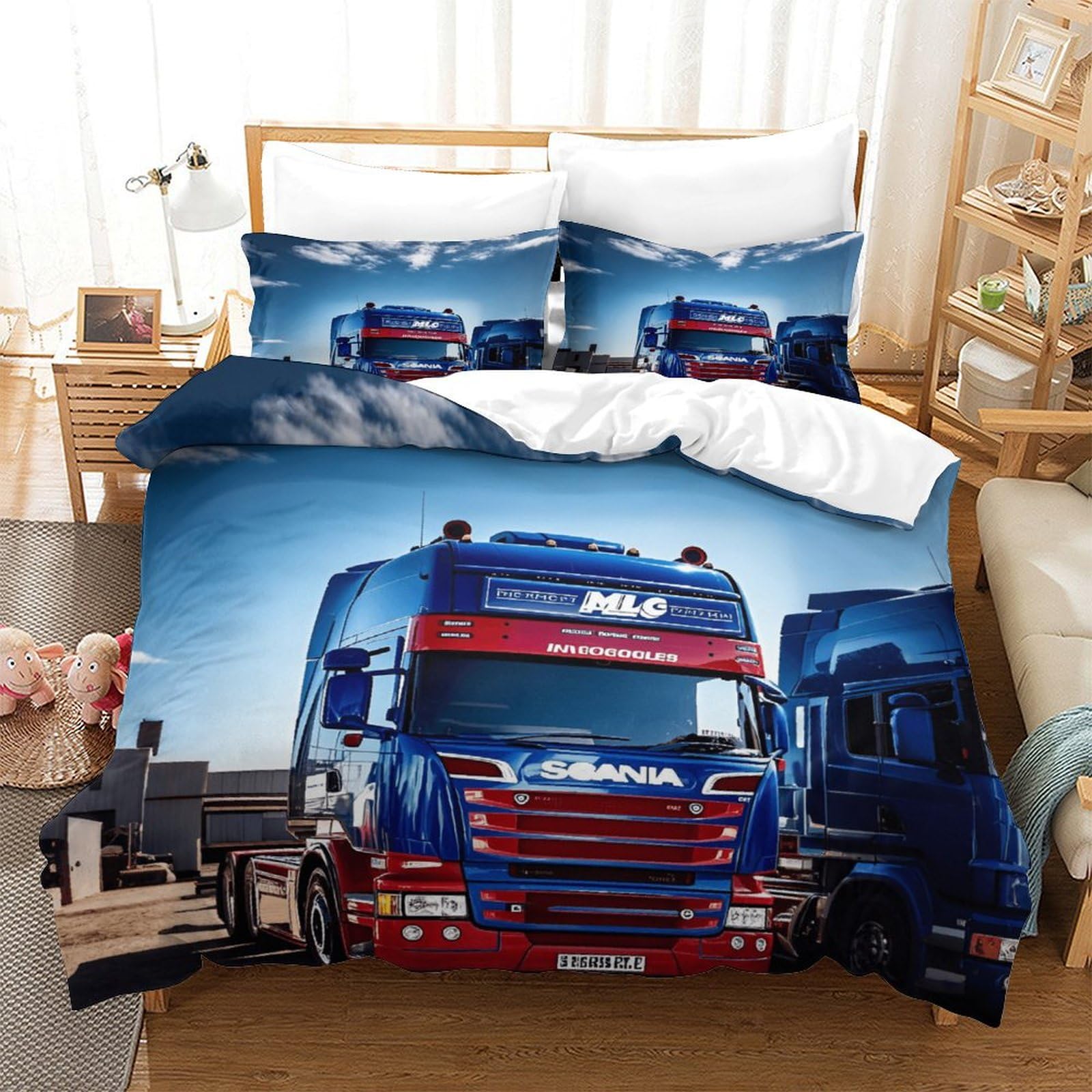 XiaopangXY Lorry Warmth Quilt Cover Set Hidden Zipper Duvet Cover Set with Pillowcases Truck Bed Linen Set Soft Microfiber Comforter Cover for Kids Adults Double（200x200cm）