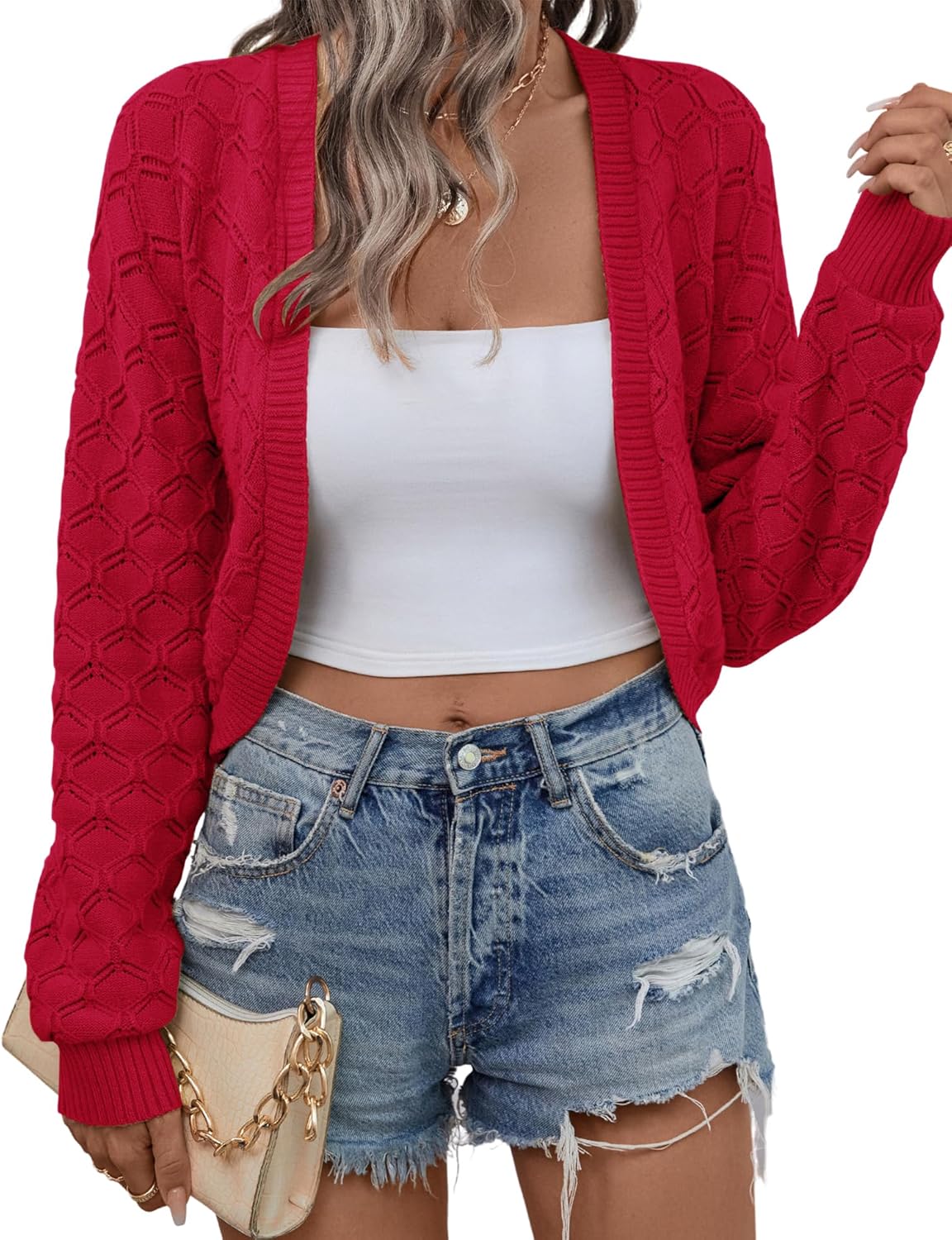 LOMON Womens Cropped Cardigan Bolero Shrugs for Dresses Knit Open Front Long Sleeve Sweater