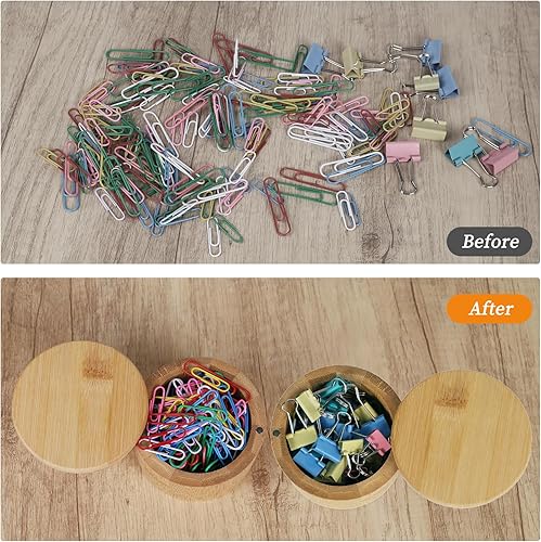 Miniatura 4 de Mulitbey - Soporte de clip de bambú con tapa giratoria, organizador de escritorio de madera natural para clips de papel, clips de carpeta, soporte