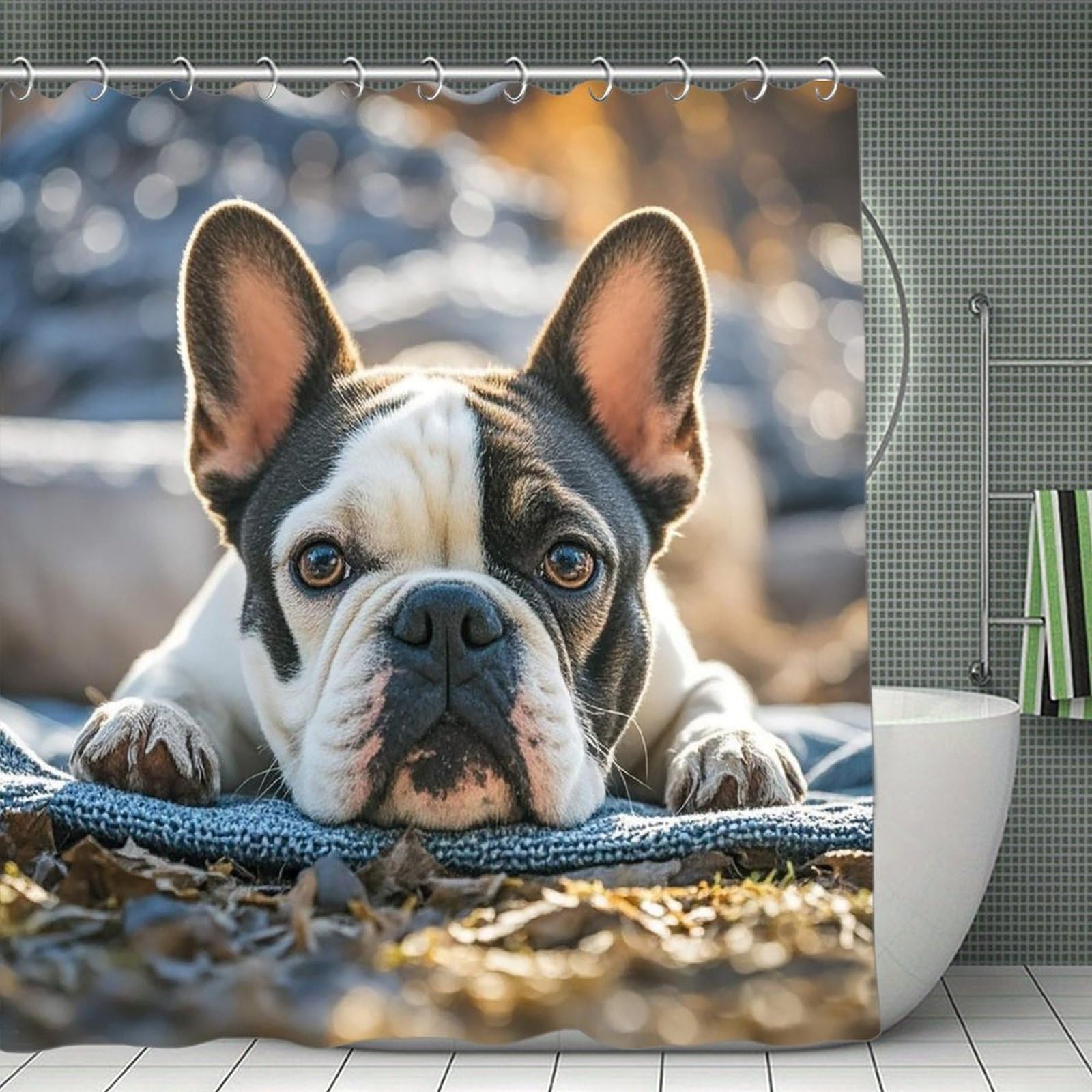 FekiLoot French Bulldog Dog Cute Shower Curtain Minimalist Thick Bathroom Curtain Washable Modern Bathroom Shower Curtain Heavy Duty Waterproof Cloth Bath Curtain with Hooks 70.8"x70.8"
