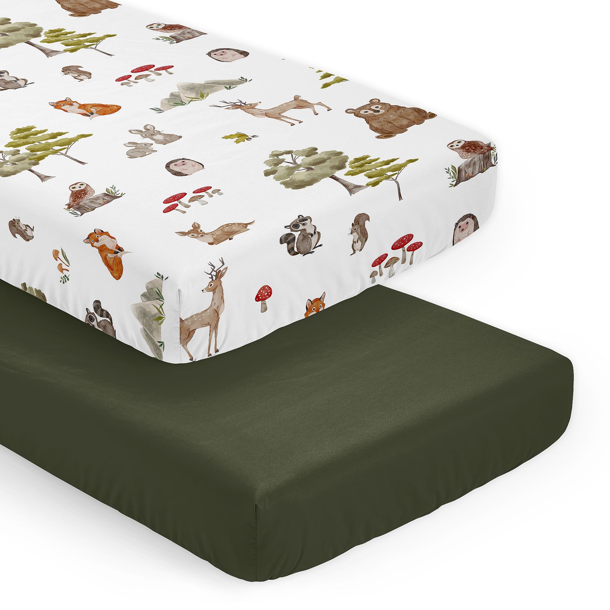Sweet Jojo Designs 2-Piece Baby Crib Sheets Set (Woodland Animals) for Boys or Girls, Infant Nursery, Toddler Room - Standard Size (Forest Animal Friends, Neutral, Bear, Hedgehog, Fox, Dark Green)