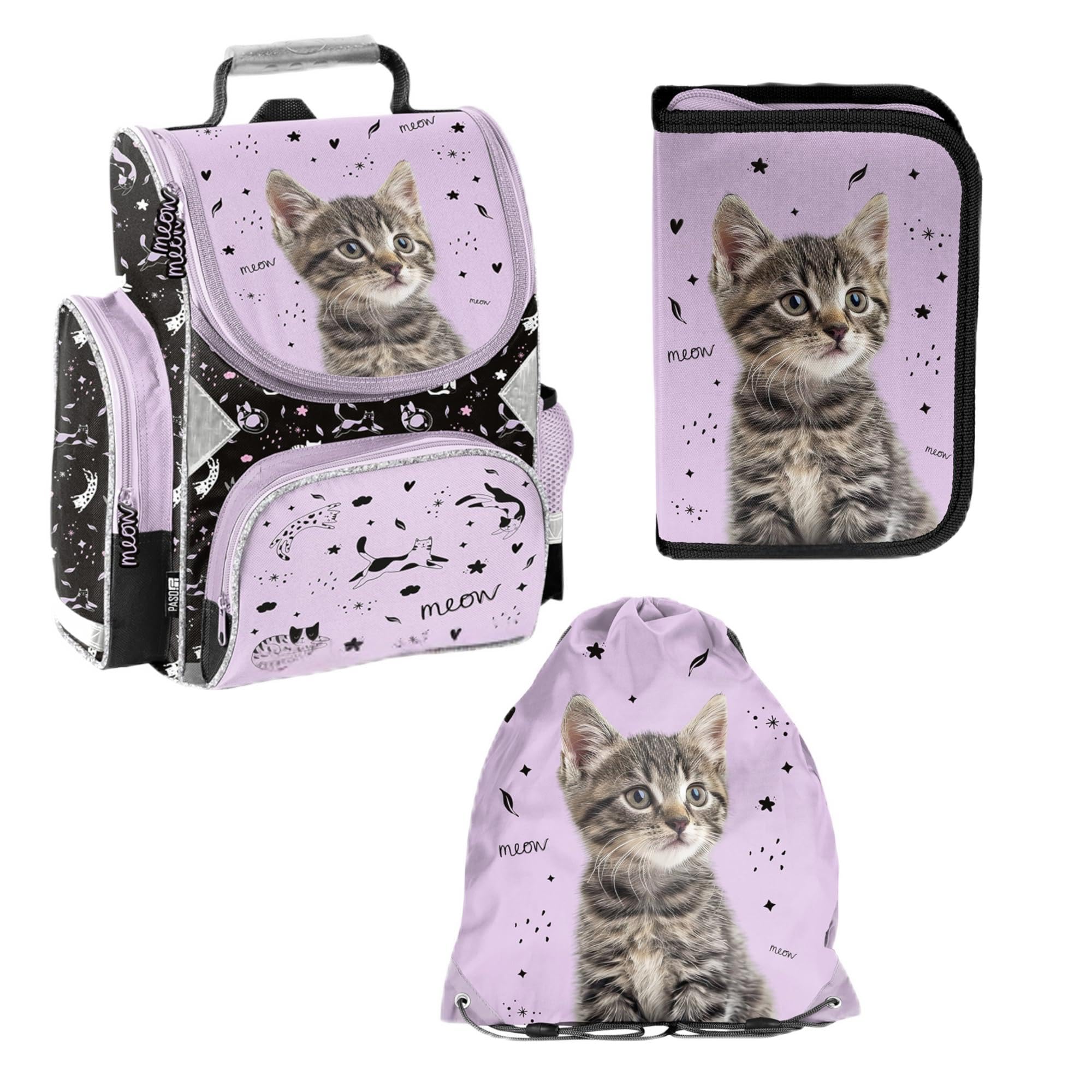 PASO- Schulranzen für Jungen und Mädchen, 4/6/8/15er-Set - Schul-Rucksack für Kinder mit Federmäppchen - Schuhbeutel und Hausaufgabenheft - Katze Motiv- 1-3 Klasse